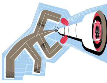 Un hombre mira a trav�s de un catalejo. Ilustraci�n de campbelllaird.com